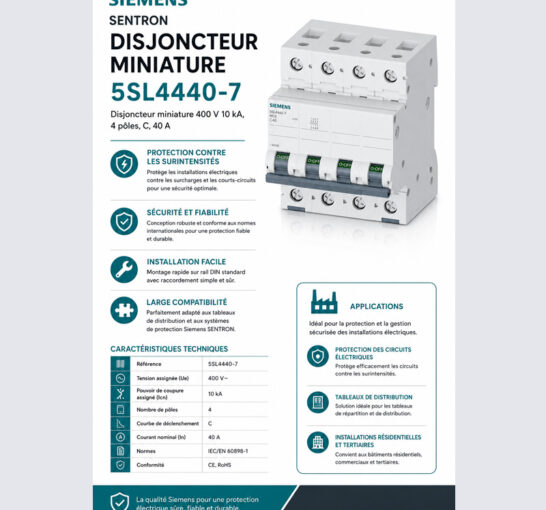 Disjoncteur miniature 400 V 10 kA, 4 pôles, C, 40 A 5SL4440-7
