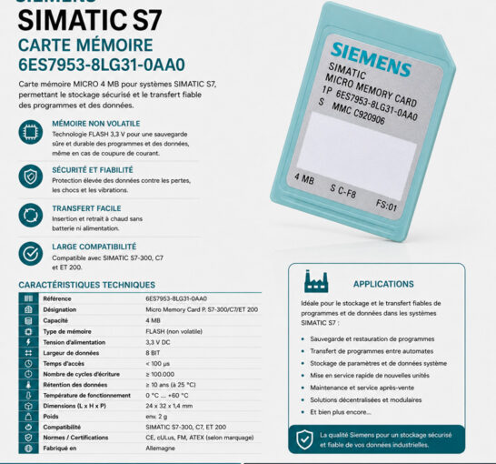 Carte mémoire Micro 128 Ko Siemens SIMATIC S7 6ES7953-8LG31-0AA0